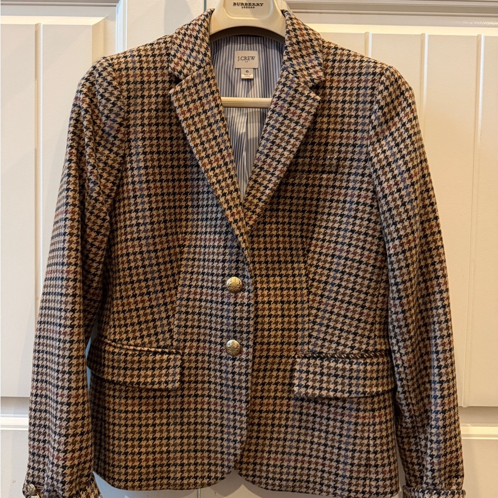 EUC J.Crew Houndstooth Blazer Sz 6 camel brown navy gold crest buttons - Picture 2 of 3